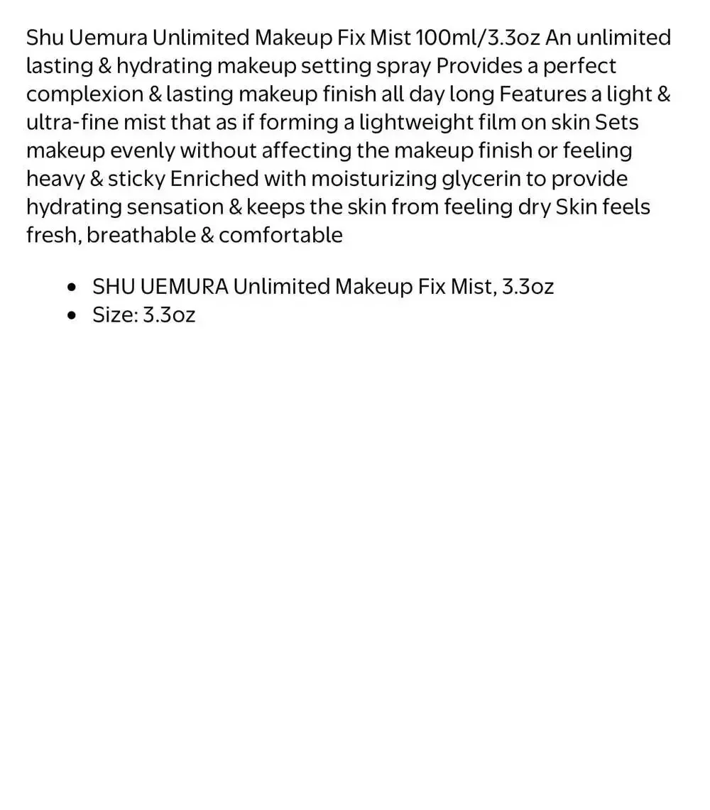 Shu Uemura Unlimited Lasting Makeup Fix Mist 100ml/3.3oz